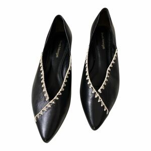 Elegant Black Leather Cream Flats with Cream Embroidery by Bruno Menegatti